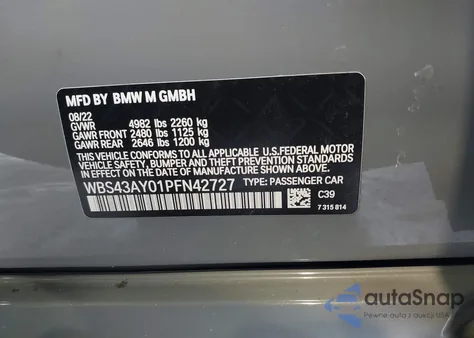 2023 BMW M3 Competition xDrive z USA, uszkodzony, nr VIN WBS43AY01PFN42727